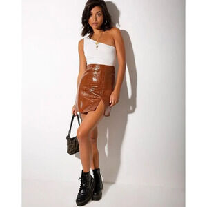 Motel Wren Mini Skirt In PU Croco Brown